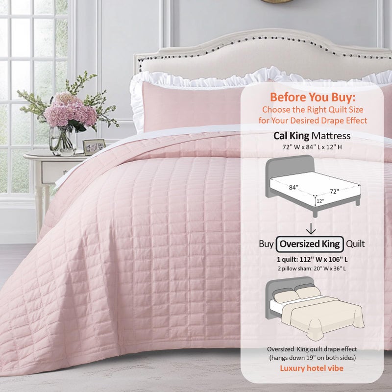 KASENTEX Oversized King Quilt Set 112"x106" â€“ Soft Washed 3-Layer Lightweight California King Bedspread, Minimalist Nordic Design, All-Season Spring & Summer Quilt Set (1 Quilt + 2 Pillow Shams), Blush Pink - Image 3
